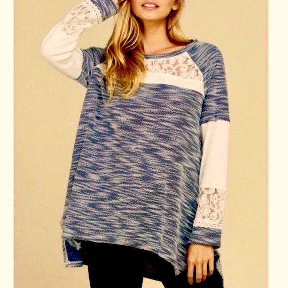 Navy Blue Marled Knit Lace Accent Tunic Sweater S-3XL - Picture 8 of 8